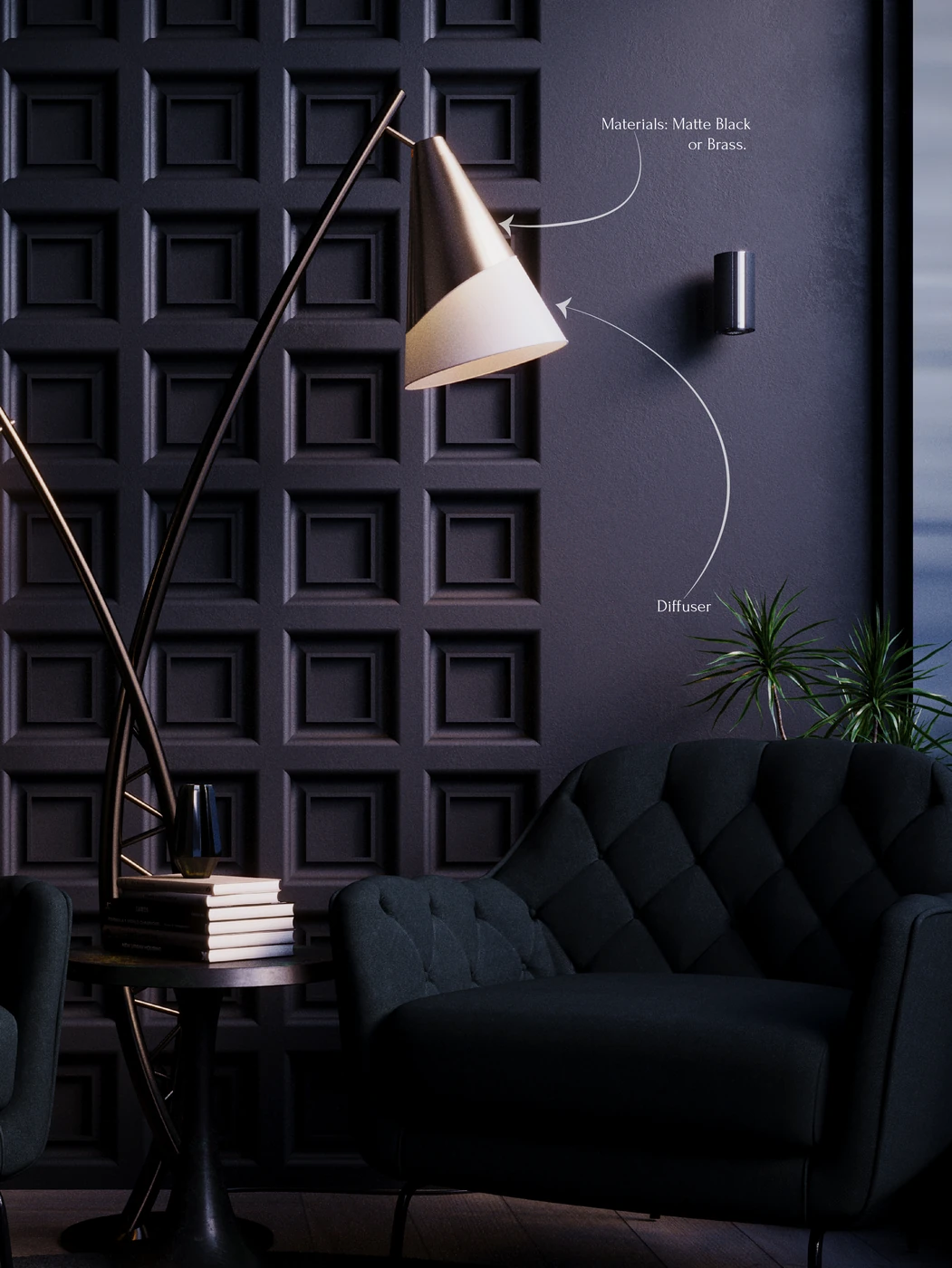 Entangled sculptural floor lamp in a moody interior