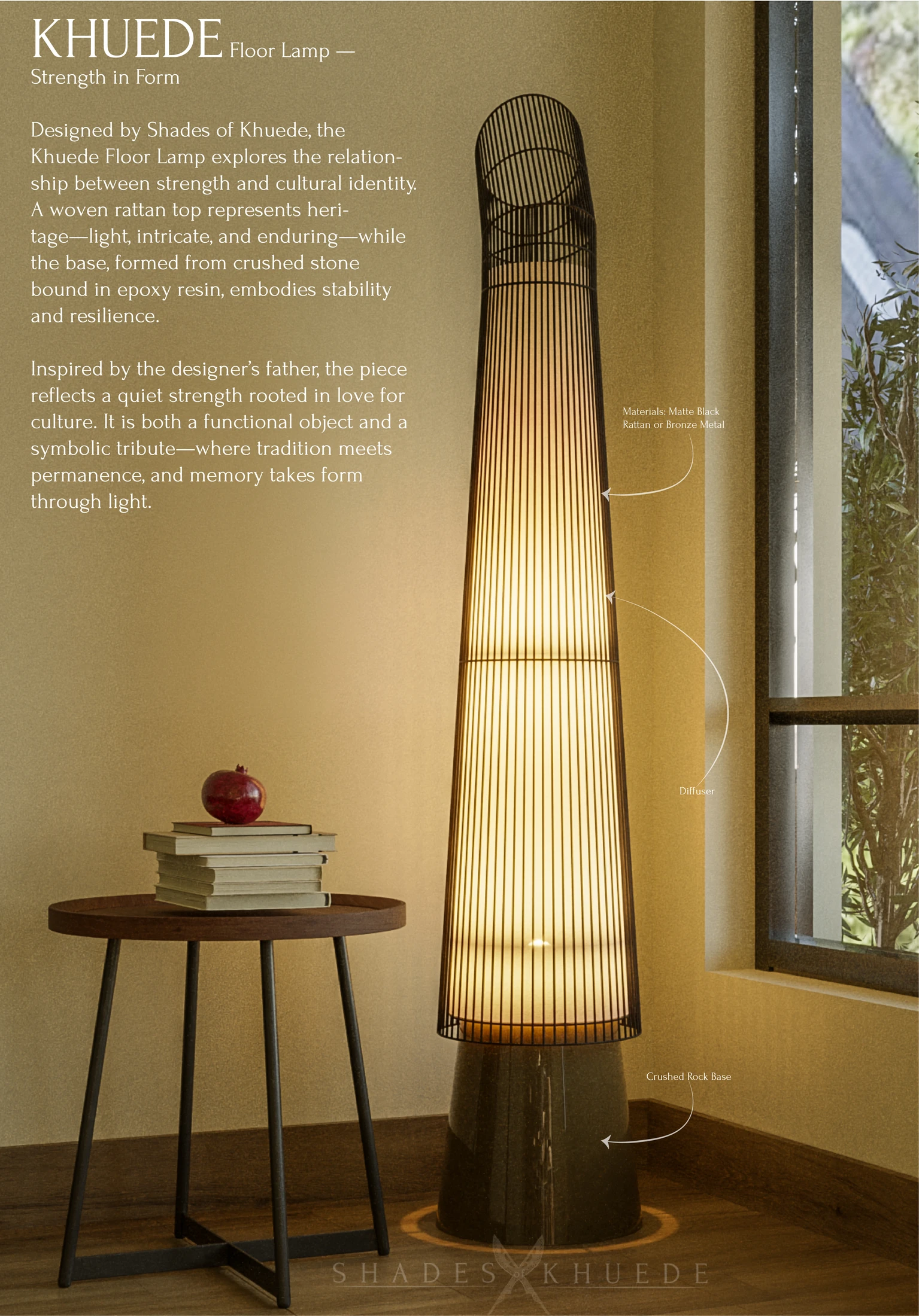 Khuede floor lamp with a woven rattan top and crushed-rock base